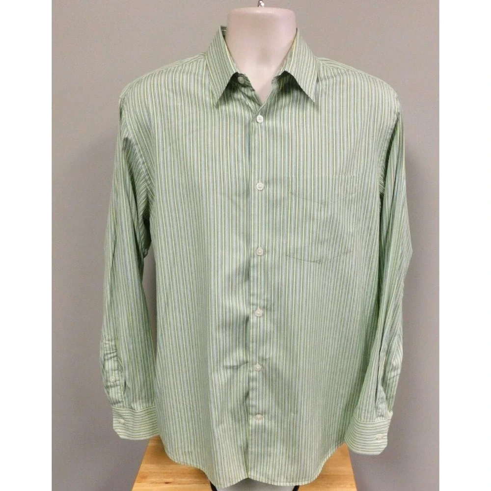 Banana Republic Mens Button Shirt Green White Yellow Stripe 100% Cotton M